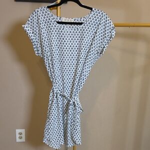 Pink Rose White Tunic Top Or Mini Dress with Black Geometric Print